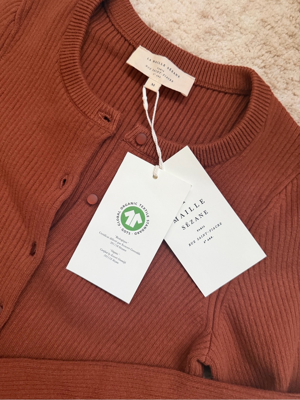 Sezane Ribbed Cropped Cardigan in Rust - Picture 6 of 12